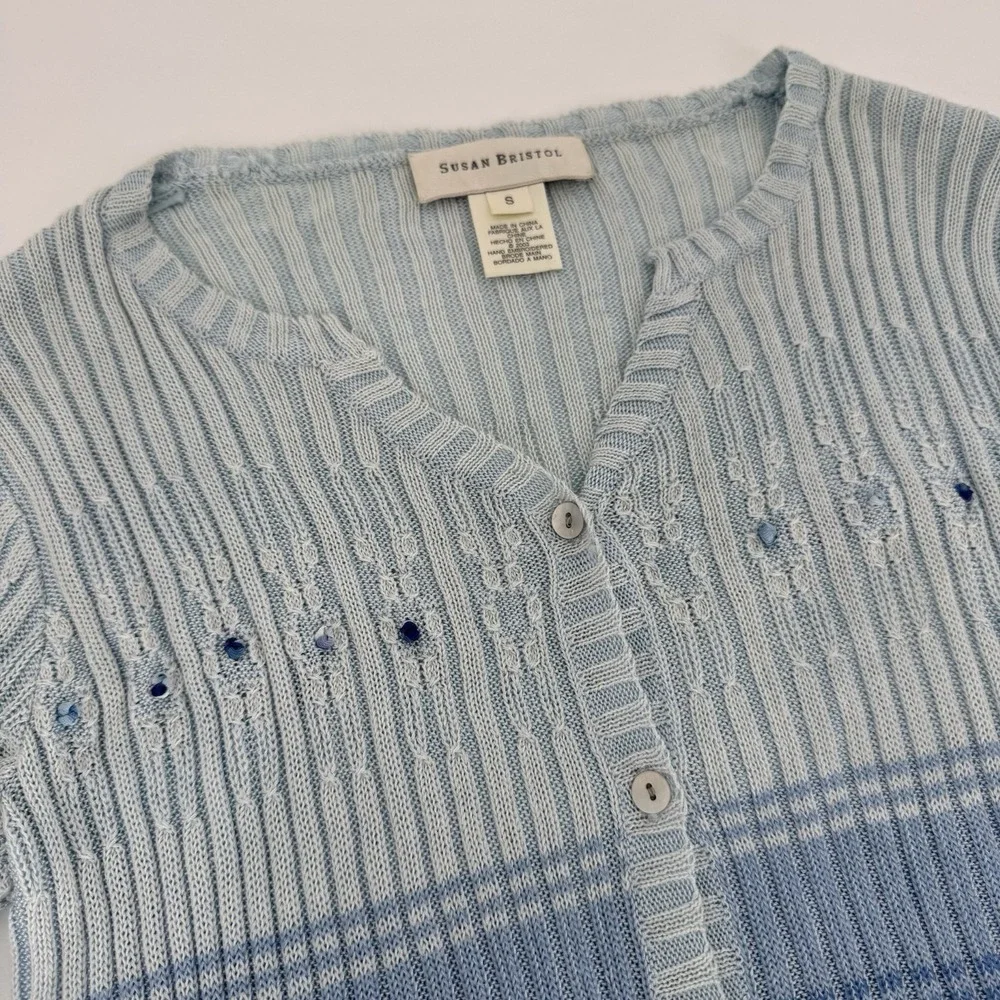Susan Bristol Blue Gradient‎ Knit Cardigan Floral Embroidery Cottagecore Small